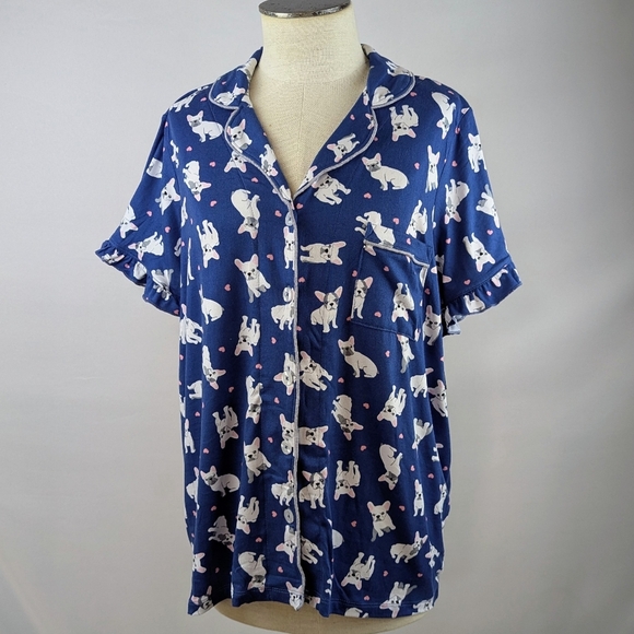 René Rofé French Bulldog Print PJ Set Short Sleeve Top Shorts Navy White L NWT - Picture 3 of 12